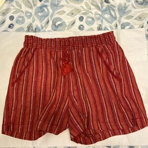 Briggs Womens Sz Large Red Striped Linen Blend Pull On Shorts Tassel Tie Boho